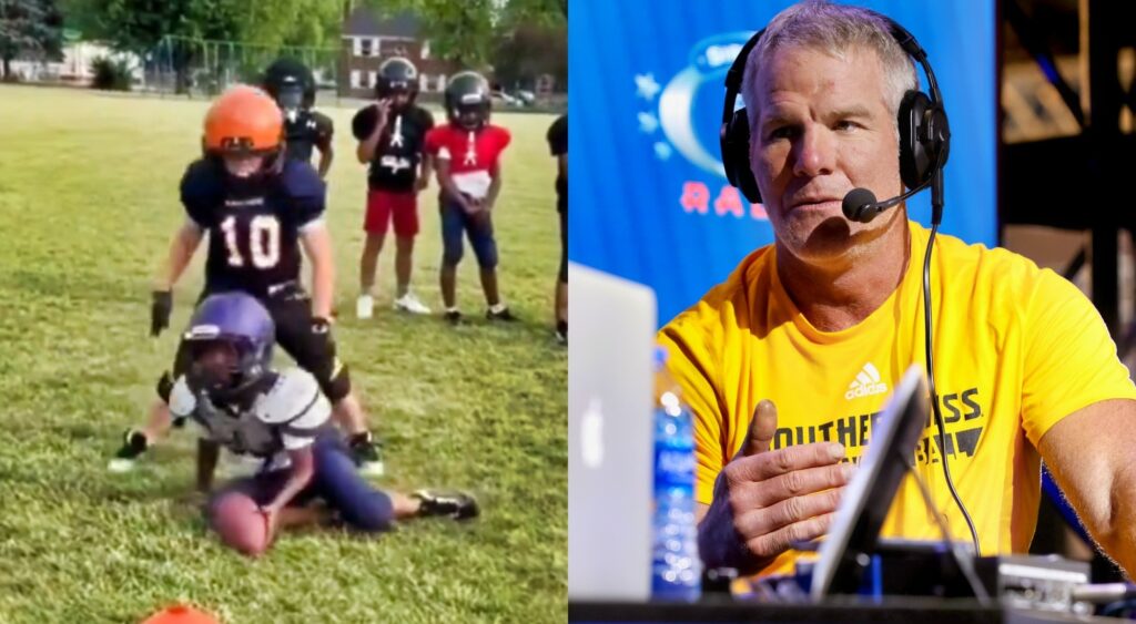 Phtotos of youth football drill and Brett Favre speaking