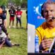 Phtotos of youth football drill and Brett Favre speaking