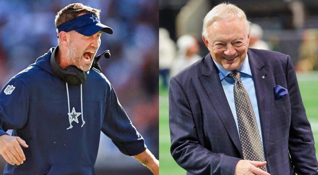 Photo of Brian Schottenheimer celebrating and photo of Jerry Jones smiling