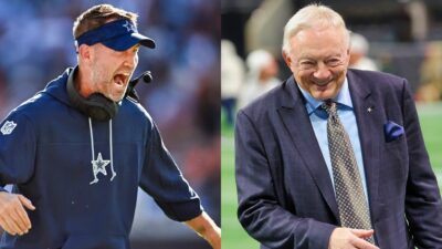 Photo of Brian Schottenheimer celebrating and photo of Jerry Jones smiling