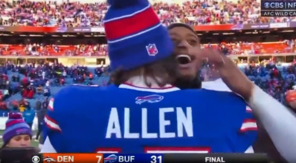 Buffalo Bills' Josh Allen and Courtland Sutton hugging on field