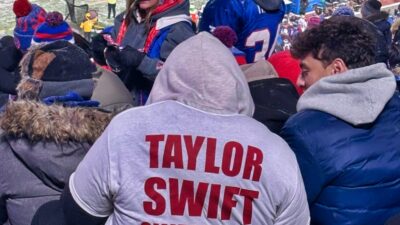 Buffalo Bills fan wearing lewd Taylor Swift shirt