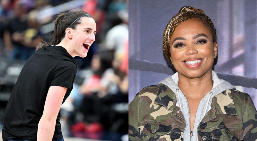 Caitlin Clark on court and Jemele Hill posing