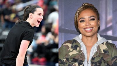 Caitlin Clark on court and Jemele Hill posing