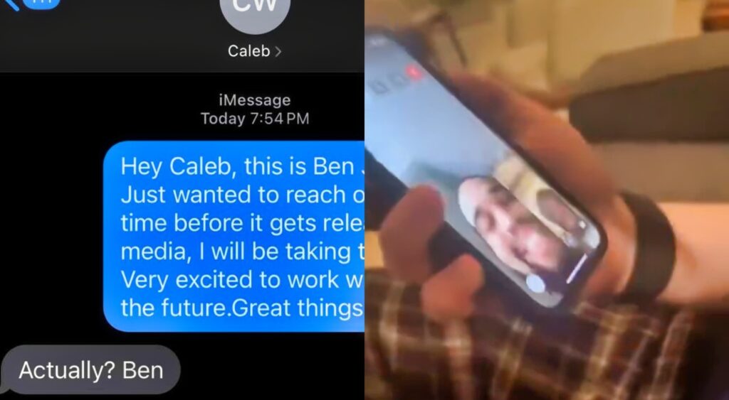 Photos of Caleb Williams messaging and FaceTiming fans