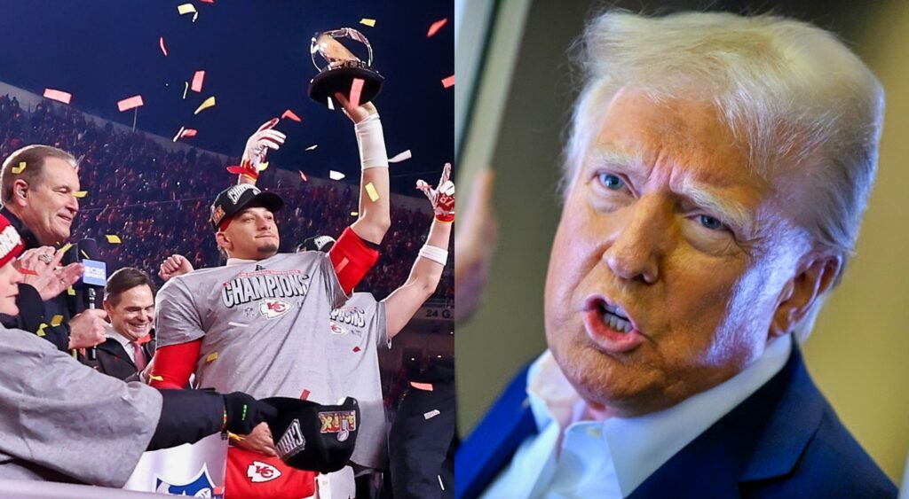 Photo of Chiefs celebrating AFC Championship win and photo of Donald Trump speaking