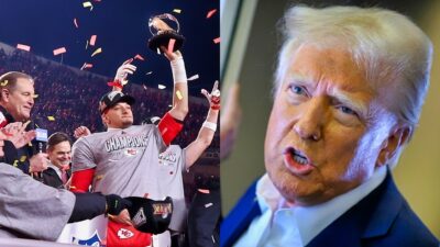 Photo of Chiefs celebrating AFC Championship win and photo of Donald Trump speaking