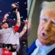 Photo of Chiefs celebrating AFC Championship win and photo of Donald Trump speaking