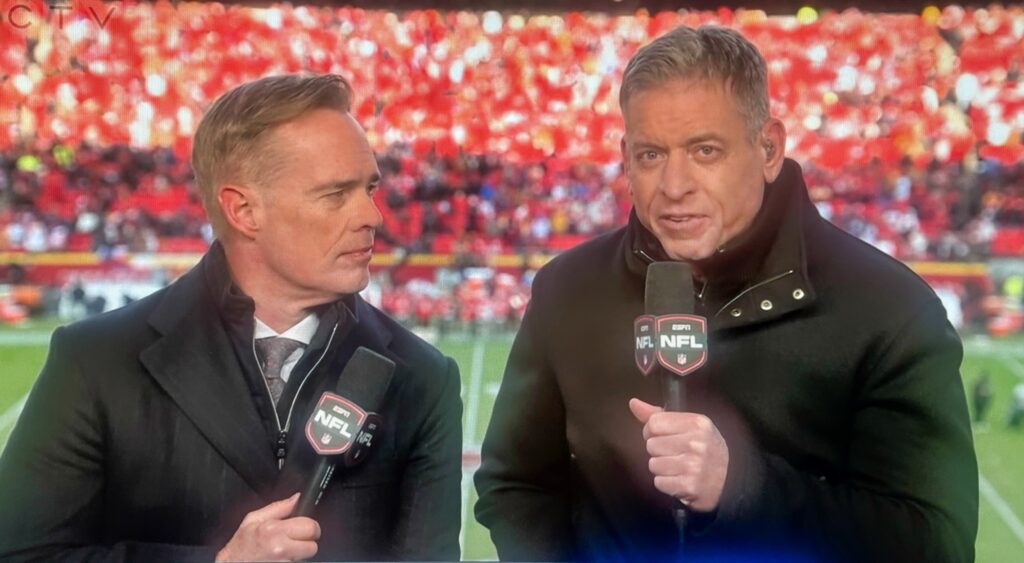 Cris Collinsworth and Troy Aikman in ESPN booth for Chiefs-Texans