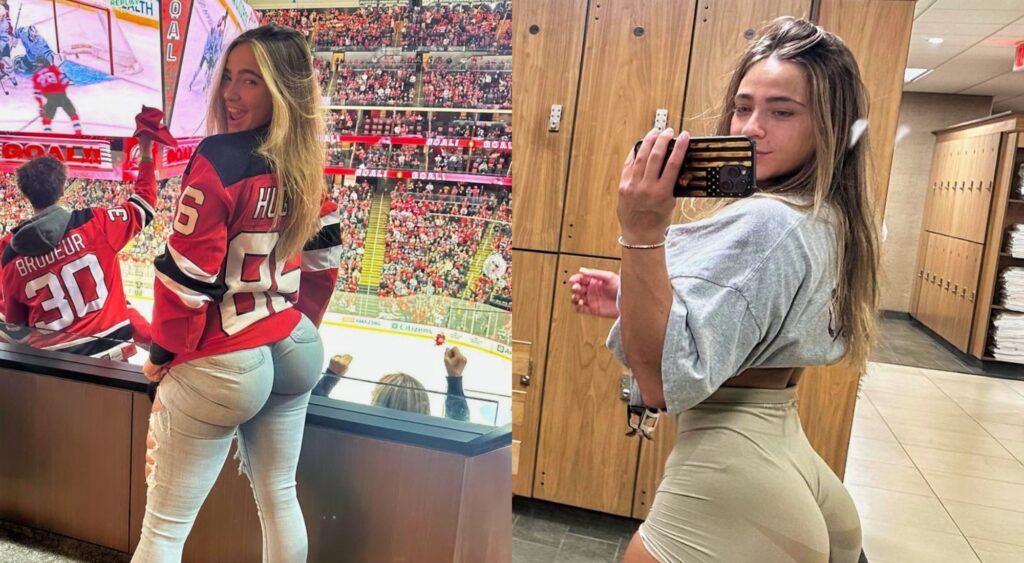 Danielle Cooper at a Devils game and in the gym locker room.