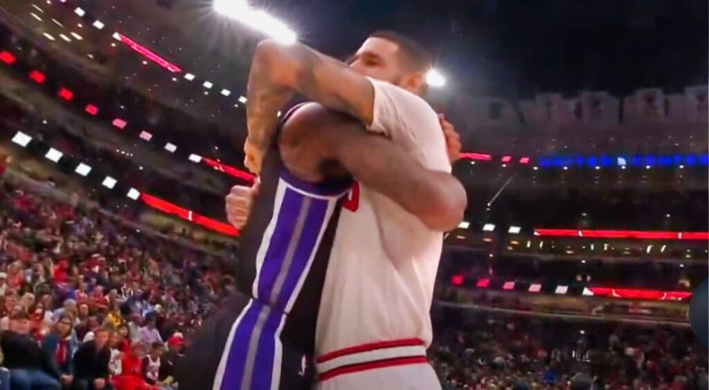 DeMar DeRozan and Lonzo Ball hugging