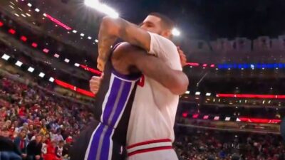 DeMar DeRozan and Lonzo Ball hugging