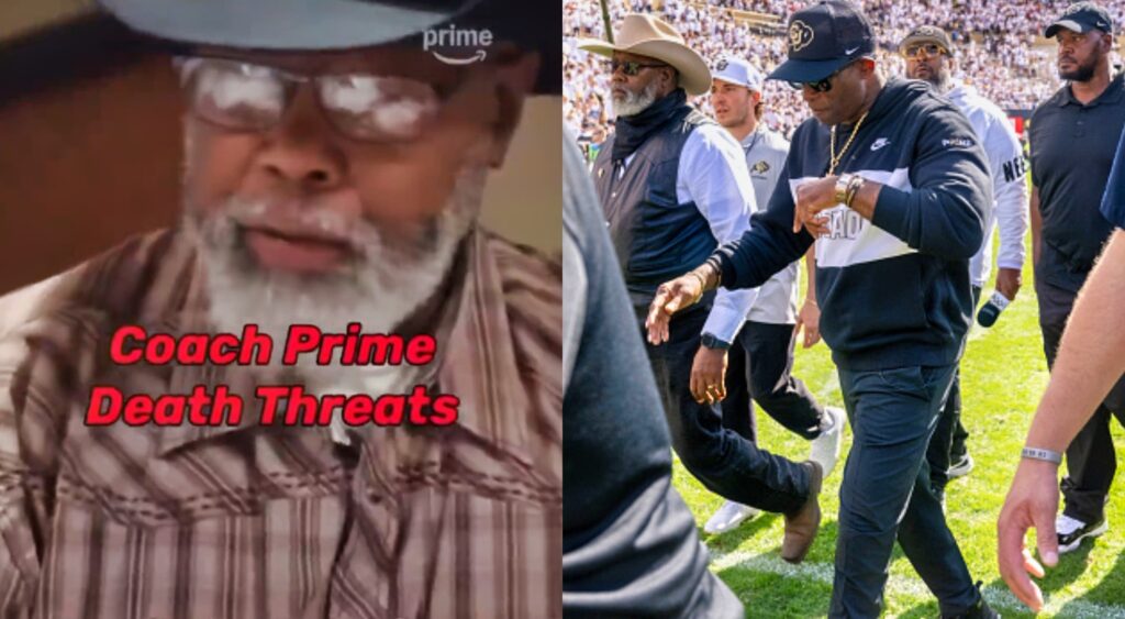 Photo of Michael Rhodes speaking on Prime and photo of Deion Sanders walking with security