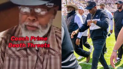 Photo of Michael Rhodes speaking on Prime and photo of Deion Sanders walking with security