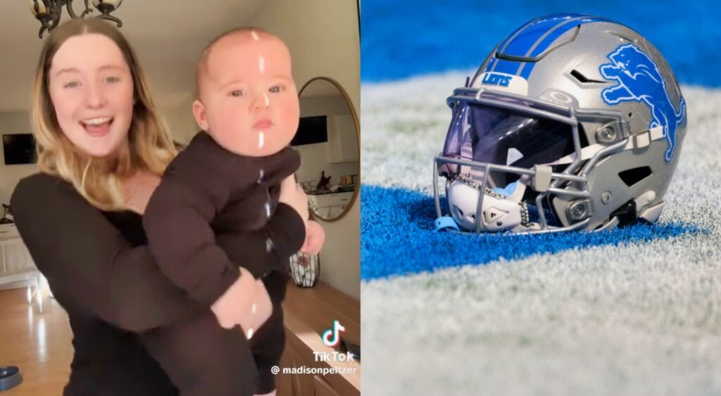 Detroit Lions helmet on ground and huge baby being held by its mother