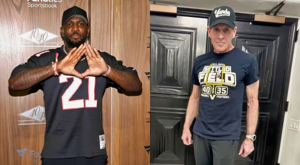 Dez Bryant psoing in Falcons jersey and Skip Bayless posing at home