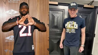 Dez Bryant psoing in Falcons jersey and Skip Bayless posing at home