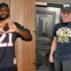 Dez Bryant psoing in Falcons jersey and Skip Bayless posing at home