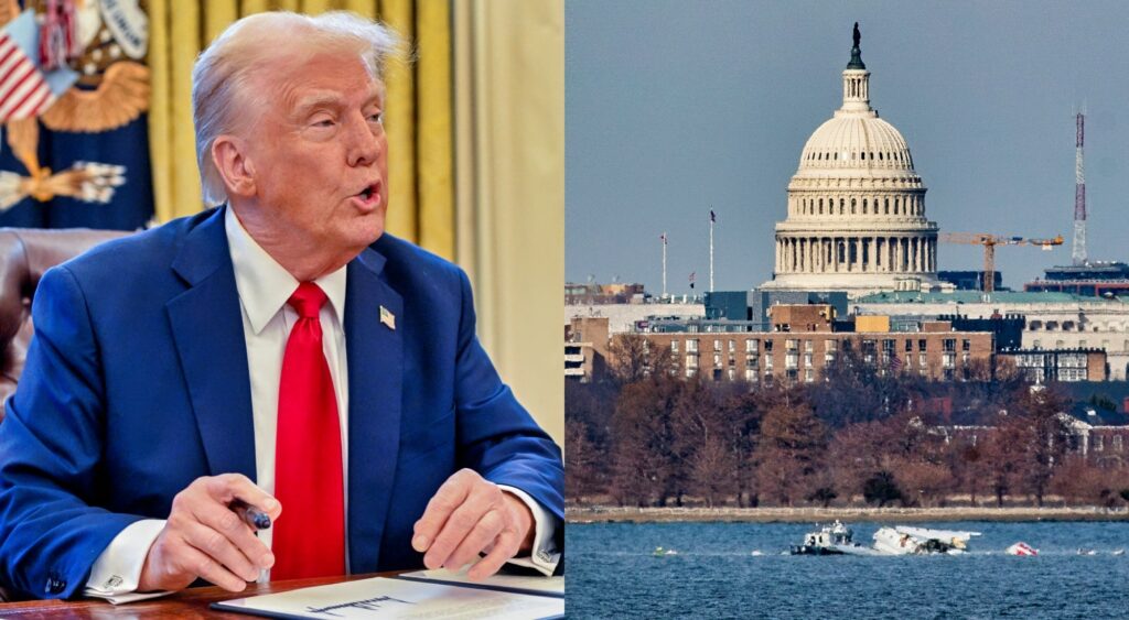 Photo of Donald Trump speaking and photo of Potomac River