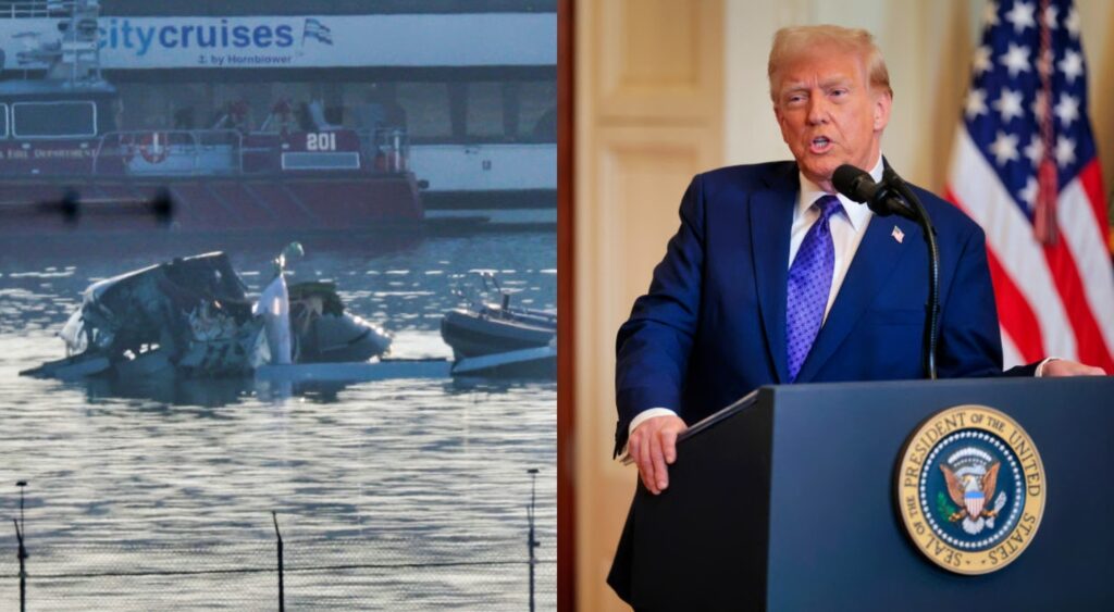 Donald Trump talking to reporters and plane wreckage in water