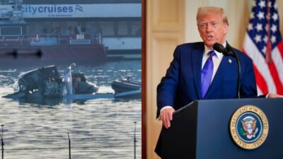 Donald Trump talking to reporters and plane wreckage in water