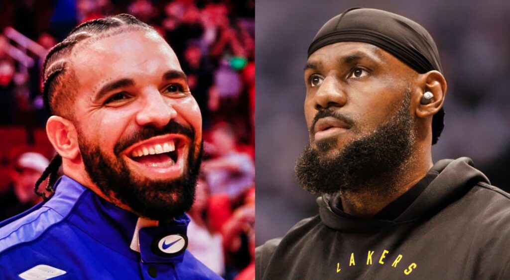 Drake smiling and LeBron James in Lakers hoodie