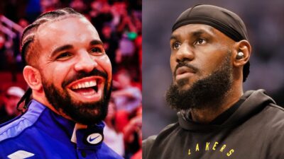 Drake smiling and LeBron James in Lakers hoodie