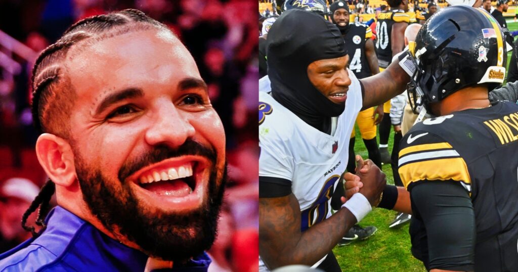 Drake smiling at event (left). Lamar Jackson speaking to Russell Wilson (right).