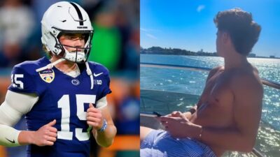 Photos of Drew Allar in Penn State uniform and guy sitting on a boat