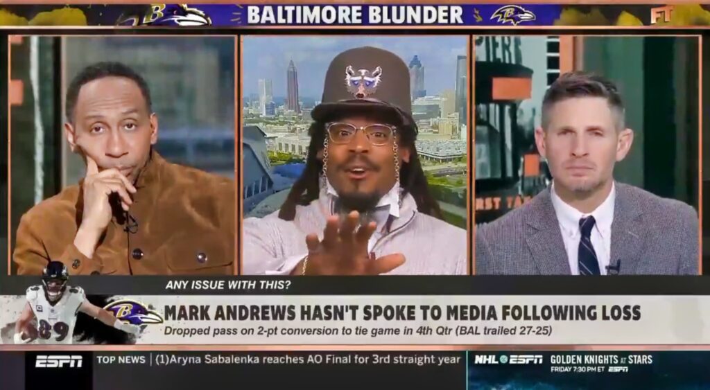 Stephen A. Smith, Cam Newton, and Dan Orlovsky on 'First Take'