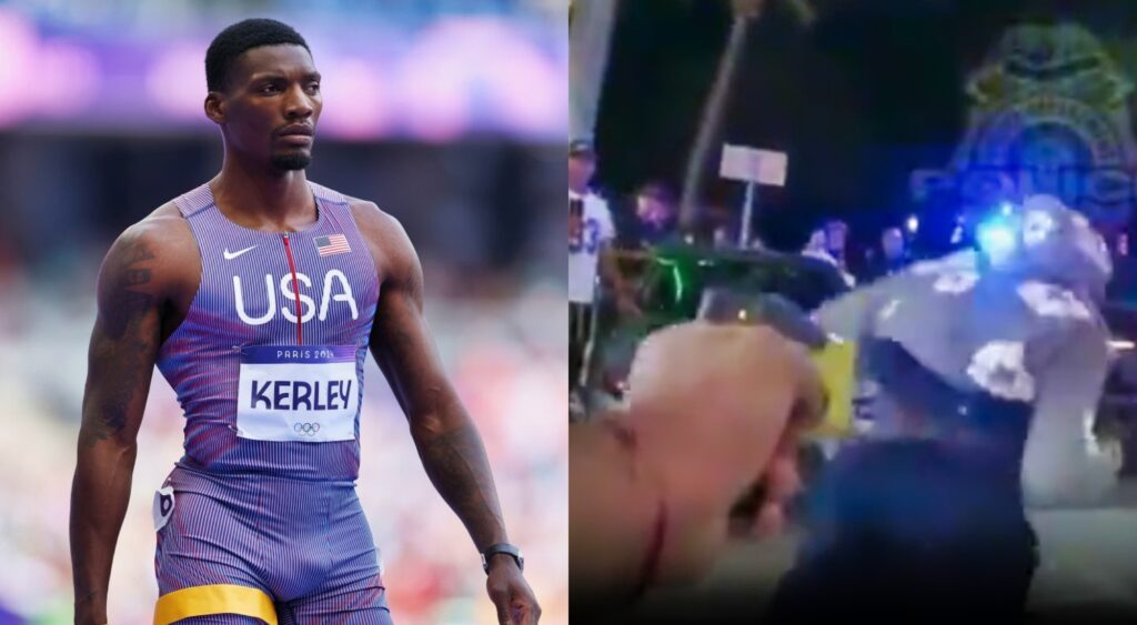 Fred Kerley in USA uniform and being tasered