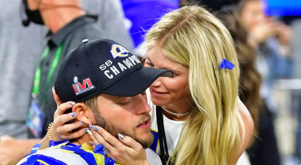 Kelly and Matthew Stafford celebrating Super Bowl win.