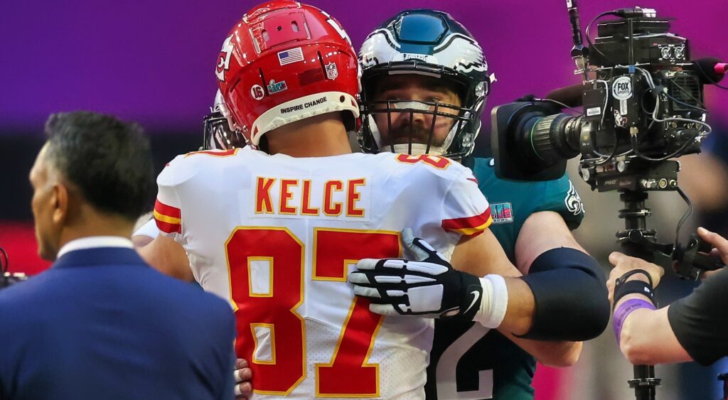 Jason Kelce hugging Travis Kelce