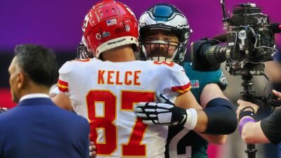 Jason Kelce hugging Travis Kelce