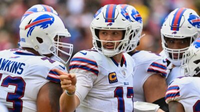 Buffalo Bills players in huddle