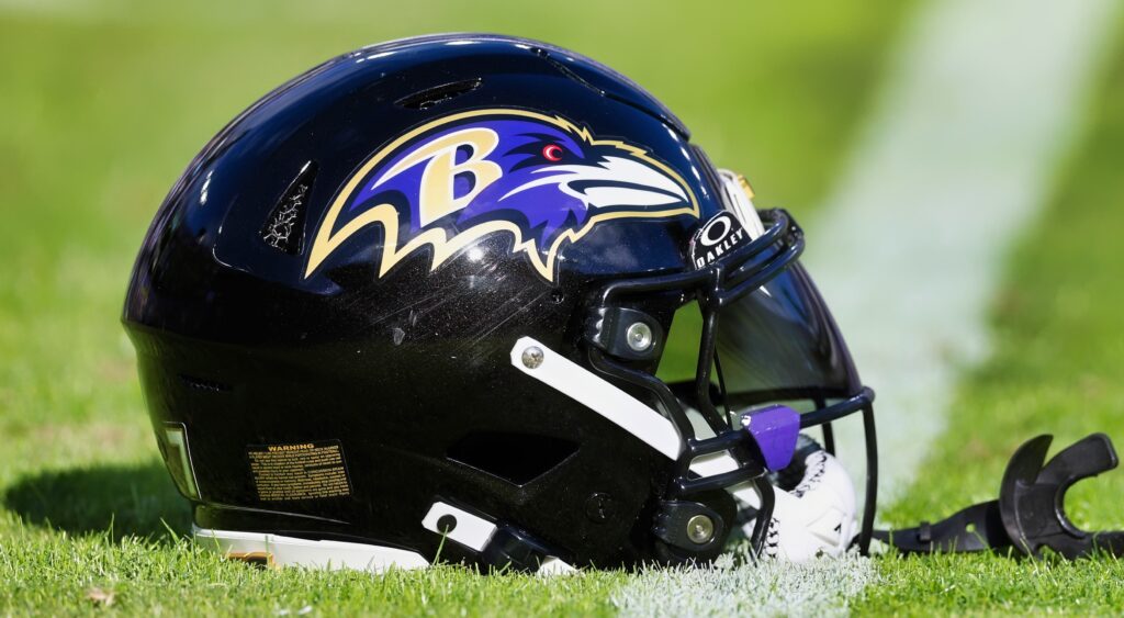 Baltimore Ravens helmet on the field.