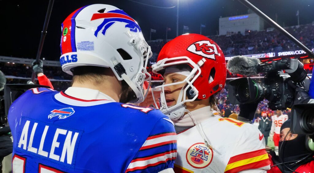 Josh Allen and Patrick Mahomes in uniform