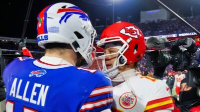 Josh Allen and Patrick Mahomes in uniform