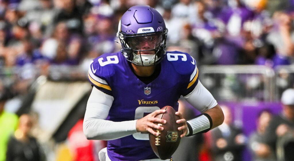 J.J. McCarthy of Minnesota Vikings looking to throw.