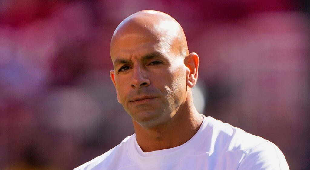 Robert Saleh of New York Jets looking on.