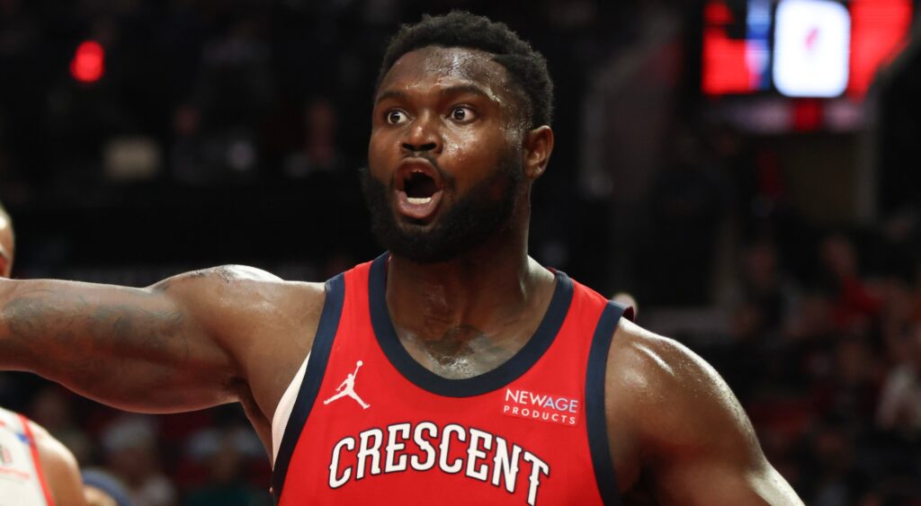 Zion Williamson of New Orleans Pelicans reacts during game.