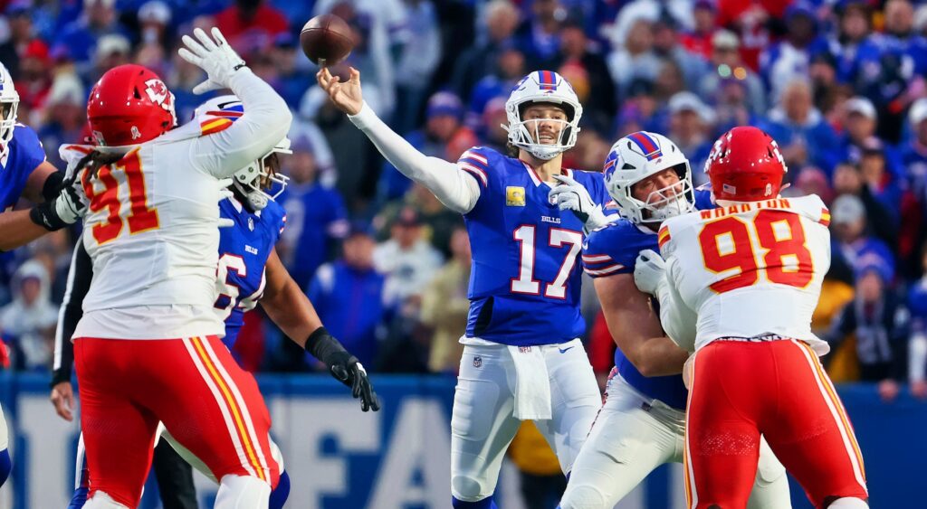 Photo of Josh Allen thoring vs. Chiefs for article on the AFC Championship Game