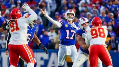 Photo of Josh Allen thoring vs. Chiefs for article on the AFC Championship Game