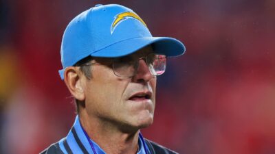 Jim Harbaugh in Chargers cap