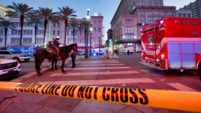 Police tape near Bourbon Street in New Orleans