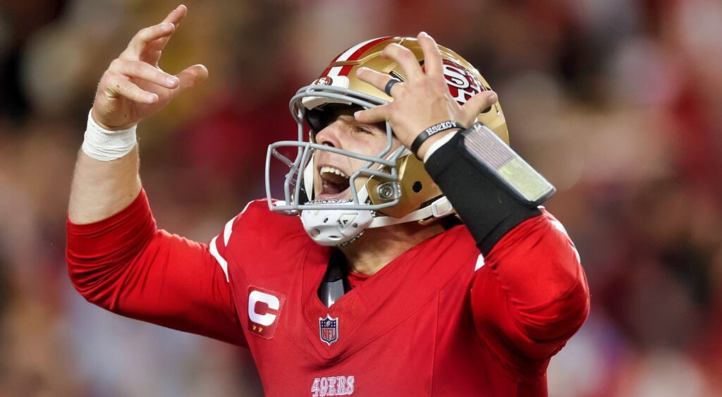 Brock Purdy reacts during San Francisco 49ers game.