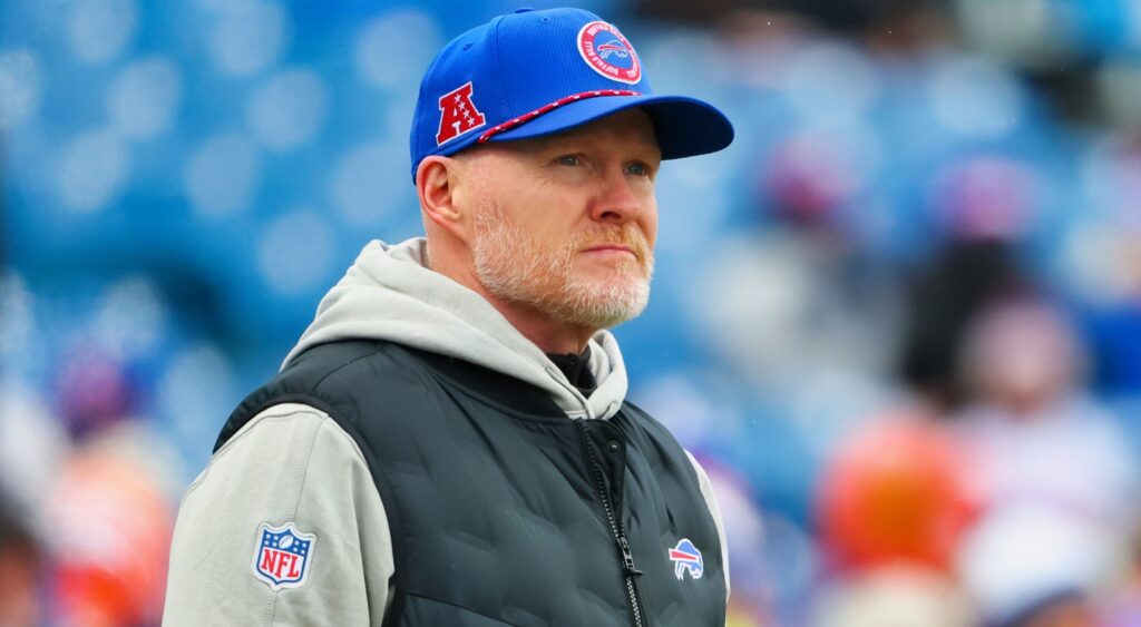 Sean McDermott wearing blue Bills cap