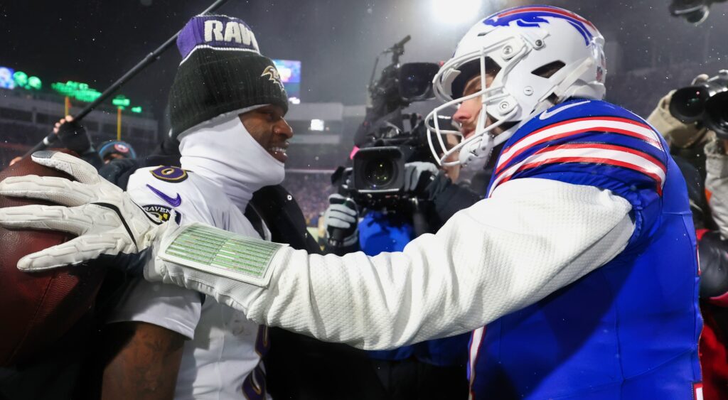 Lamar Jackson and Josh Allen shake hands after the game.