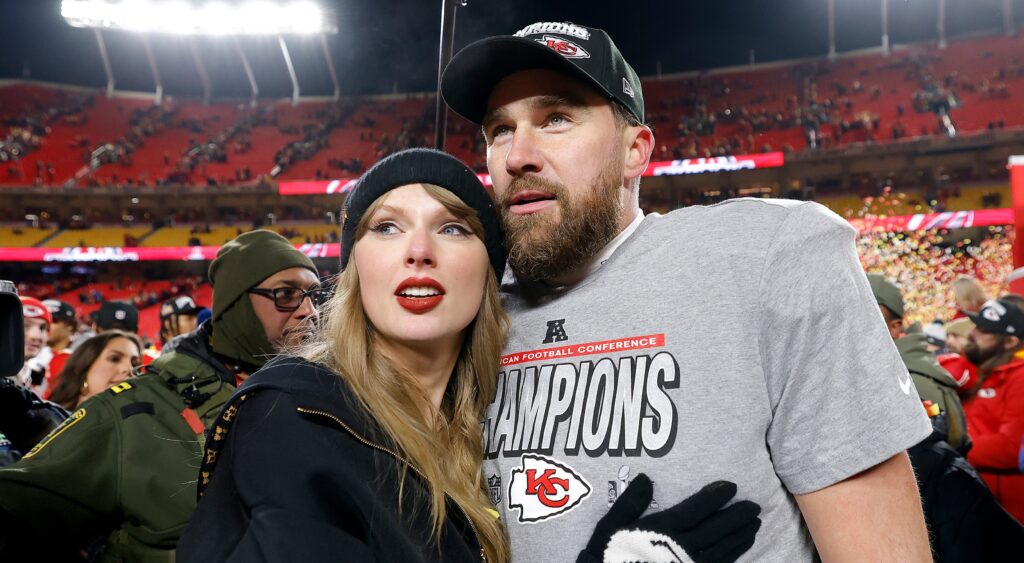 Taylor Swift and Travis Kelce hugging