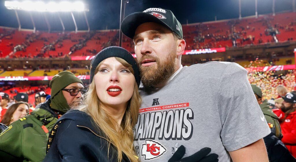 Taylor Swift and Travis Kelce celebrating after AFC Championship Game.